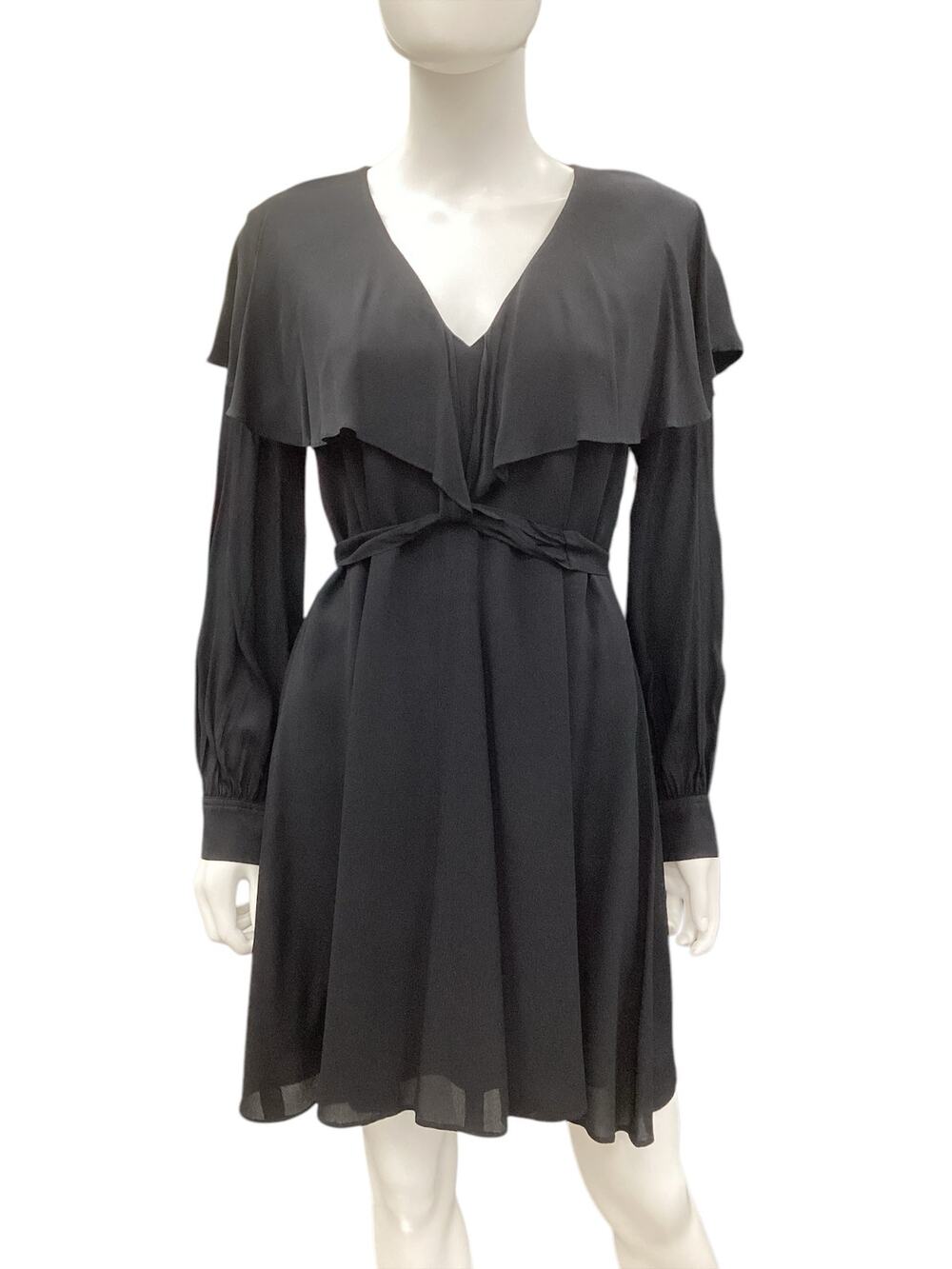 Marella Dress Women’s Size S Long Sheer Sleeves Ruffle V-Neck Belt Black